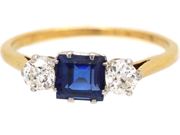 Edwardian 18ct Gold & Platinum Sapphire & Diamond Three Stone Ring