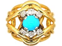 1970s French 18ct Gold & Platinum Turquoise & Diamond Coil Ring