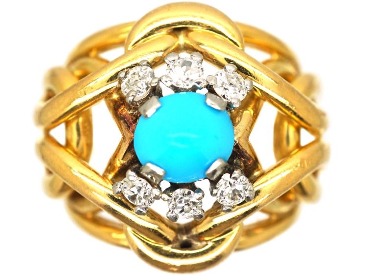 1970s French 18ct Gold & Platinum Turquoise & Diamond Coil Ring