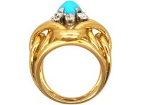 1970s French 18ct Gold & Platinum Turquoise & Diamond Coil Ring