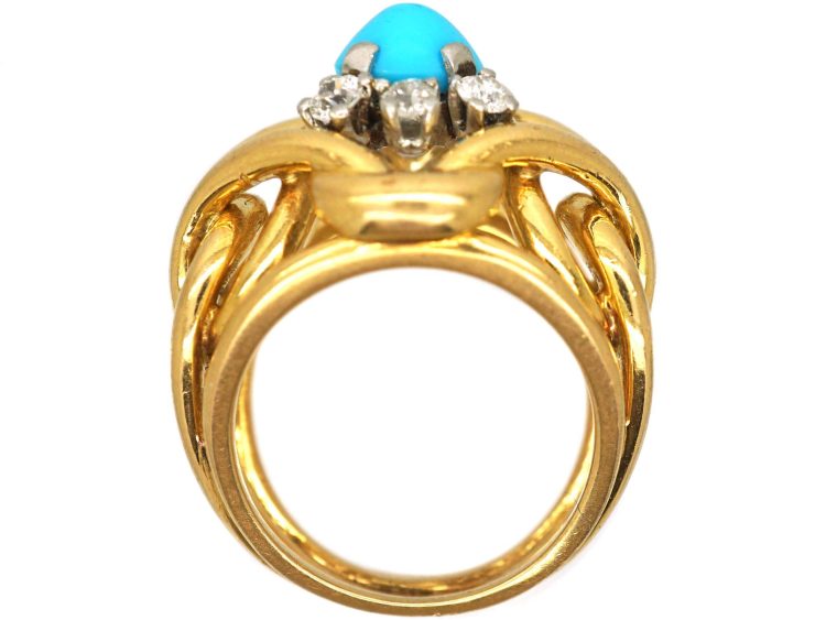 1970s French 18ct Gold & Platinum Turquoise & Diamond Coil Ring