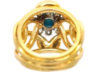1970s French 18ct Gold & Platinum Turquoise & Diamond Coil Ring