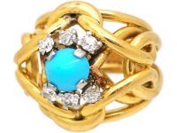 1970s French 18ct Gold & Platinum Turquoise & Diamond Coil Ring