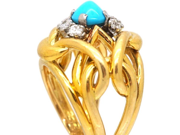 1970s French 18ct Gold & Platinum Turquoise & Diamond Coil Ring