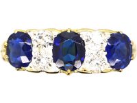 Edwardian 18ct Gold Three Stone Sapphire & Diamond Carved Half Hoop Ring