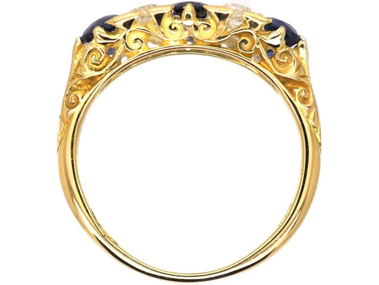 Edwardian 18ct Gold Three Stone Sapphire & Diamond Carved Half Hoop Ring