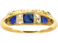 Edwardian 18ct Gold Three Stone Sapphire & Diamond Carved Half Hoop Ring