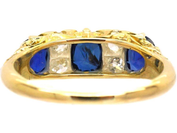 Edwardian 18ct Gold Three Stone Sapphire & Diamond Carved Half Hoop Ring