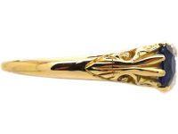 Edwardian 18ct Gold Three Stone Sapphire & Diamond Carved Half Hoop Ring