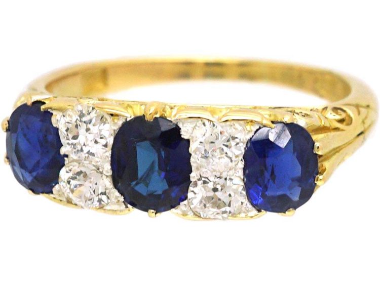 Edwardian 18ct Gold Three Stone Sapphire & Diamond Carved Half Hoop Ring