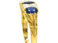 Edwardian 18ct Gold Three Stone Sapphire & Diamond Carved Half Hoop Ring