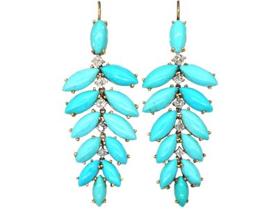 1960s 18ct Gold Turquoise & Diamond Articulated Leaf Design Earrings