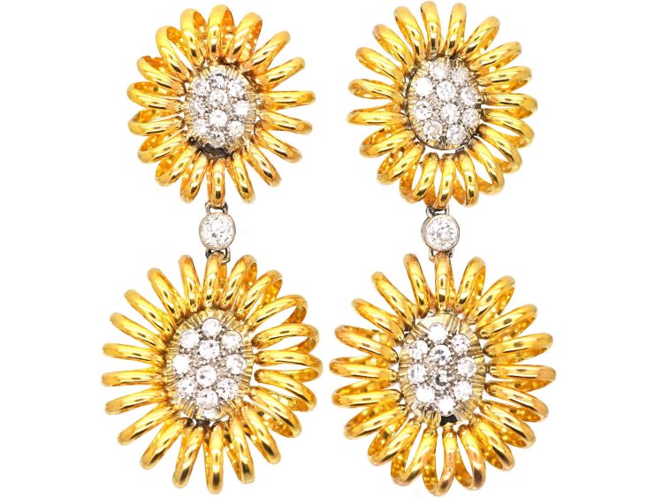 18ct Gold Large Double Drop Coil Motif Earrings set with Diamonds