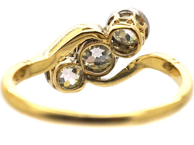 Edwardian 18ct Gold & Platinum Three Stone Diamond Crossover Ring