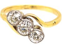 Edwardian 18ct Gold & Platinum Three Stone Diamond Crossover Ring