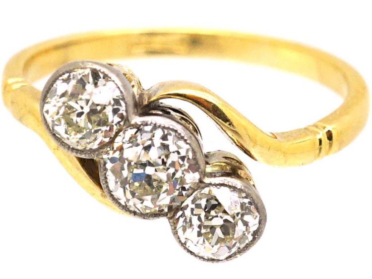 Edwardian 18ct Gold & Platinum Three Stone Diamond Crossover Ring