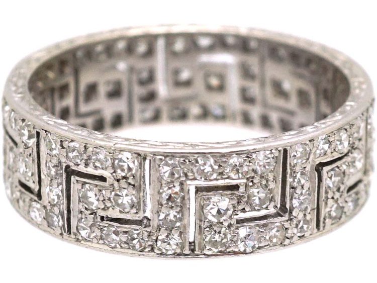Art Deco Platinum Key Design Ring set with Diamonds
