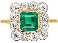 Art Deco 18ct Gold, Emerald & Diamond Square Ring