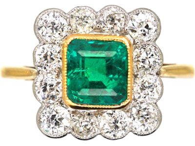Art Deco 18ct Gold, Emerald & Diamond Square Ring