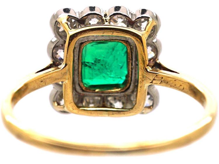 Art Deco 18ct Gold, Emerald & Diamond Square Ring