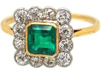 Art Deco 18ct Gold, Emerald & Diamond Square Ring