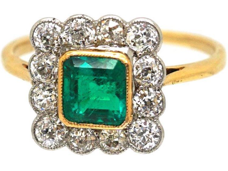Art Deco 18ct Gold, Emerald & Diamond Square Ring