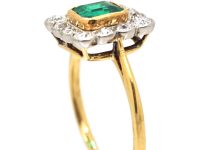 Art Deco 18ct Gold, Emerald & Diamond Square Ring