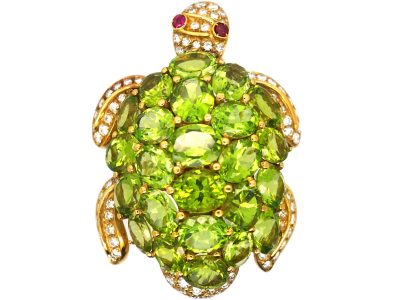 Vintage Large 18ct Gold Turtle Brooch set with Peridots & Diamonds with Ruby Eyes