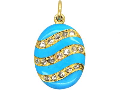 Victorian 15ct Gold Oval Blue Enamel & Rose Diamond Pendant with Locket on the Reverse