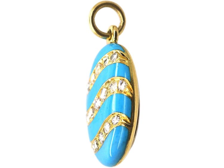 Victorian 15ct Gold Oval Blue Enamel & Rose Diamond Pendant with Locket on the Reverse
