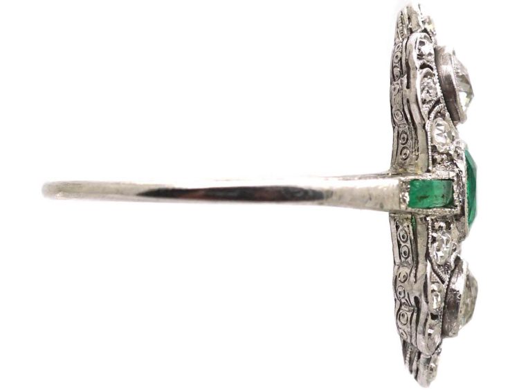 Art Deco Platinum, Emerald & Diamond Ornate Rectangular Ring