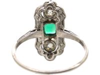 Art Deco Platinum, Emerald & Diamond Ornate Rectangular Ring