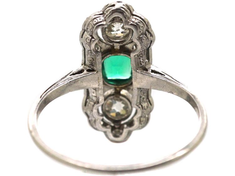 Art Deco Platinum, Emerald & Diamond Ornate Rectangular Ring