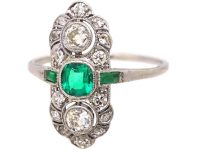 Art Deco Platinum, Emerald & Diamond Ornate Rectangular Ring