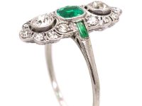 Art Deco Platinum, Emerald & Diamond Ornate Rectangular Ring
