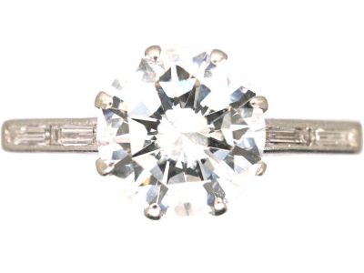 Art Deco Platinum Two Carat Diamond Solitaire Ring with Baguette Diamond Shoulders