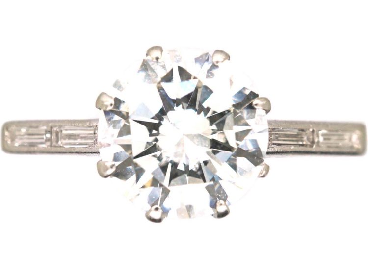 Art Deco Platinum Two Carat Diamond Solitaire Ring with Baguette Diamond Shoulders