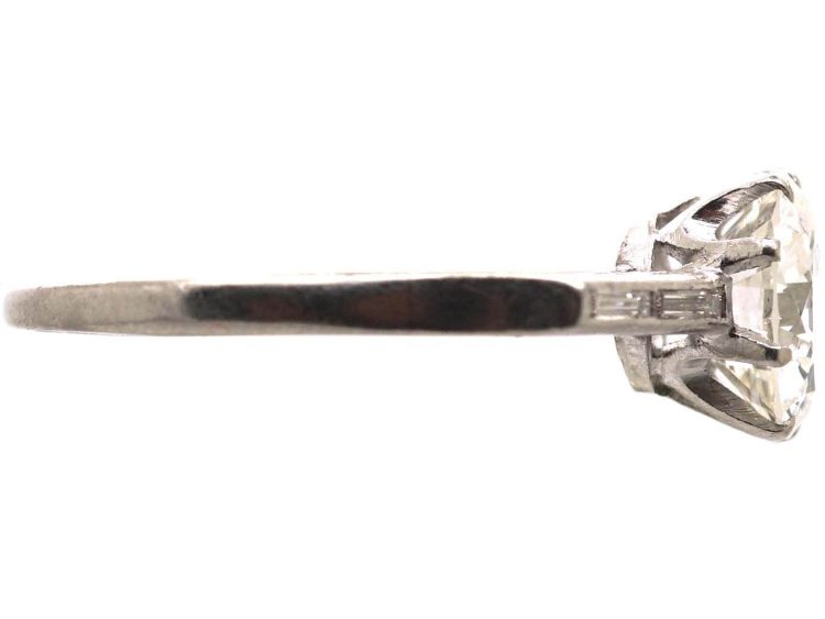 Art Deco Platinum Two Carat Diamond Solitaire Ring with Baguette Diamond Shoulders