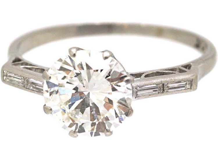 Art Deco Platinum Two Carat Diamond Solitaire Ring with Baguette Diamond Shoulders