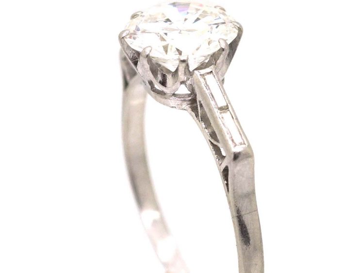 Art Deco Platinum Two Carat Diamond Solitaire Ring with Baguette Diamond Shoulders