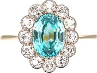 Edwardian 18ct Gold & Palladium, Diamond & Aquamarine Cluster Ring