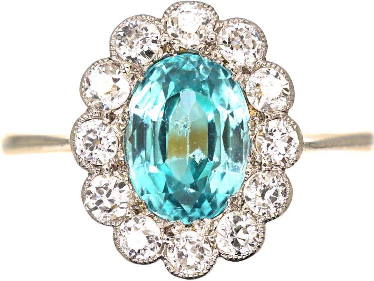 Edwardian 18ct Gold & Palladium, Diamond & Aquamarine Cluster Ring