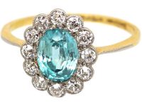 Edwardian 18ct Gold & Palladium, Diamond & Aquamarine Cluster Ring