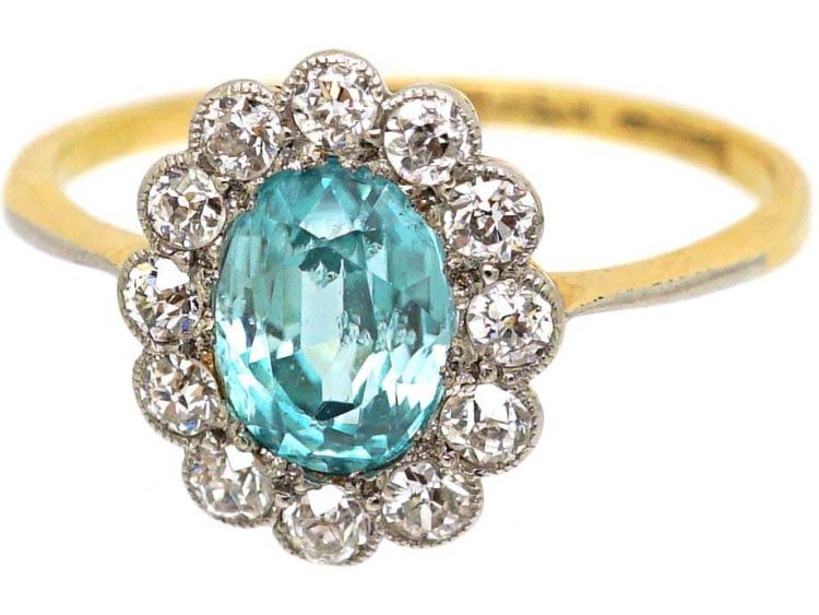 Edwardian 18ct Gold & Palladium, Diamond & Aquamarine Cluster Ring