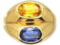 French 18ct Gold Double Ring set with a Blue and a Yellow Sapphire