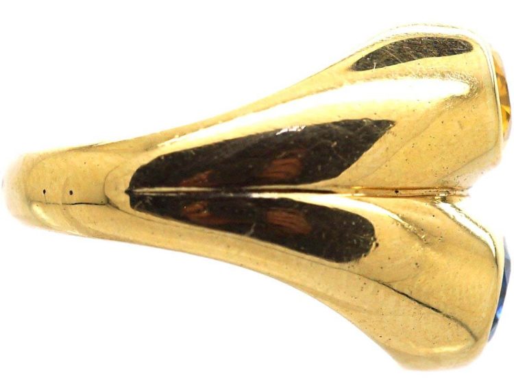French 18ct Gold Double Ring set with a Blue and a Yellow Sapphire