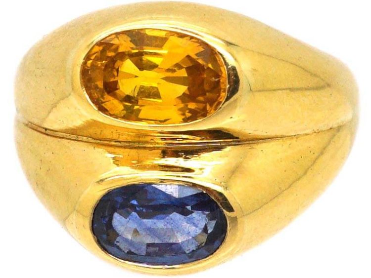 French 18ct Gold Double Ring set with a Blue and a Yellow Sapphire