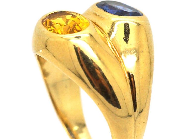 French 18ct Gold Double Ring set with a Blue and a Yellow Sapphire
