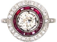French Art Deco Platinum Target Ring set with Diamonds & Rubies