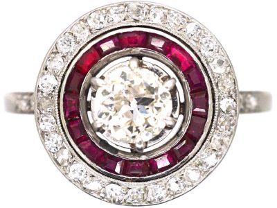 French Art Deco Platinum Target Ring set with Diamonds & Rubies